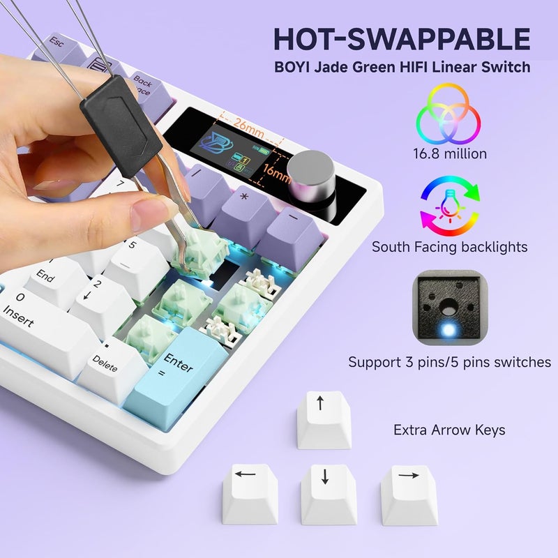 Boyi TD31Pro Mechanical Number Pad,Bluetooth5.0/2.4G/Type-C Wireless Numeric Keypad,RGB HotSwap Numpad with Screen&Knob,PBT Keycap Rechargeable Gasket Number keypad for PC Laptop Desktop(White-Purple) - Image 4